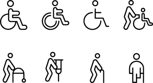 Conjunto de iconos de personas discapacitadas con discapacidad con concepto de silla de ruedas Iconos de líneas delgadas ilustración de vector plano