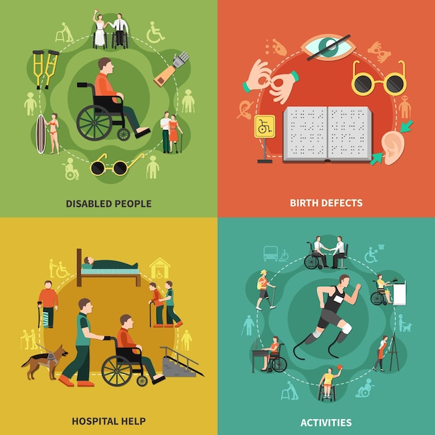 Vector conjunto de iconos de personas discapacitadas con personas discapacitadas, defectos de nacimiento, ayuda del hospital y descripciones de actividades, ilustración