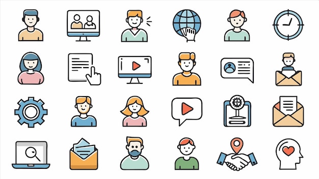 un conjunto de iconos con personas y una página web en el medio