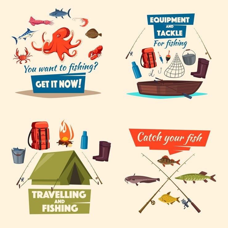 Vector conjunto de iconos de pesca con aparejos de barco y captura de peces