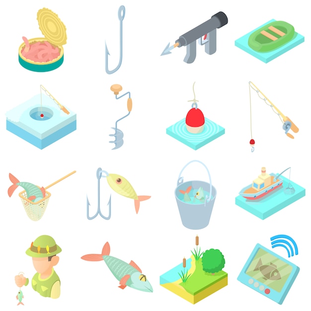 Conjunto de iconos de pesca, estilo de dibujos animados