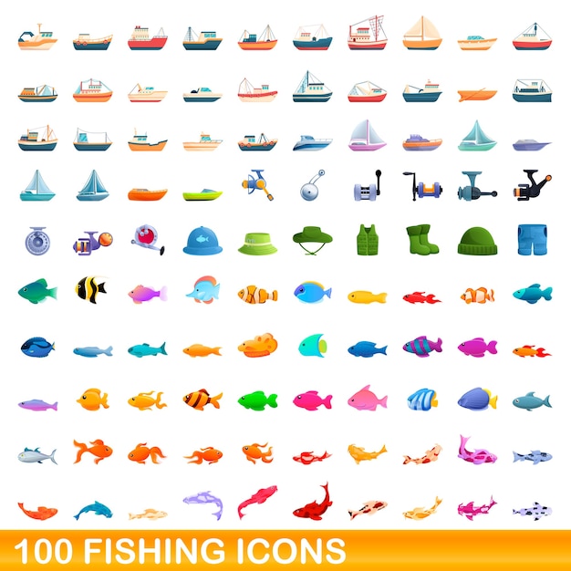 conjunto de iconos de pesca. Ilustración de dibujos animados de iconos de pesca en fondo blanco