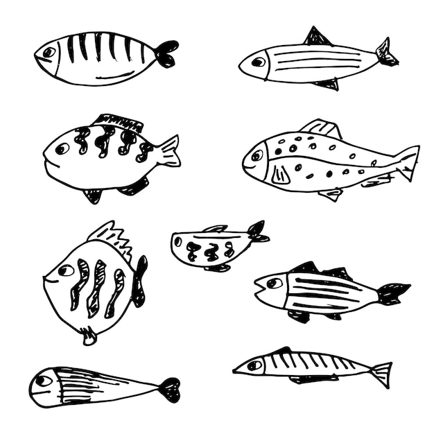 Conjunto de iconos de pescado dibujado a mano vectorial