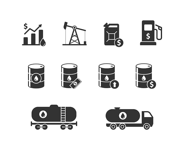 Conjunto de iconos de petróleo crecimiento del precio del petróleo crisis de combustible ilustración de vector plano