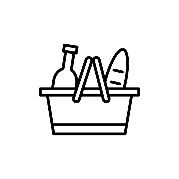 Conjunto de iconos de picnic canasta de comestibles y bebidas símbolo vectorial de mercado cartel de mano en estilo negro lleno y delineado
