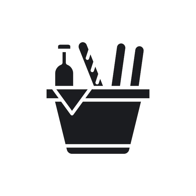 Conjunto de iconos de picnic canasta de comestibles y bebidas símbolo vectorial de mercado cartel de mano en estilo negro lleno y delineado