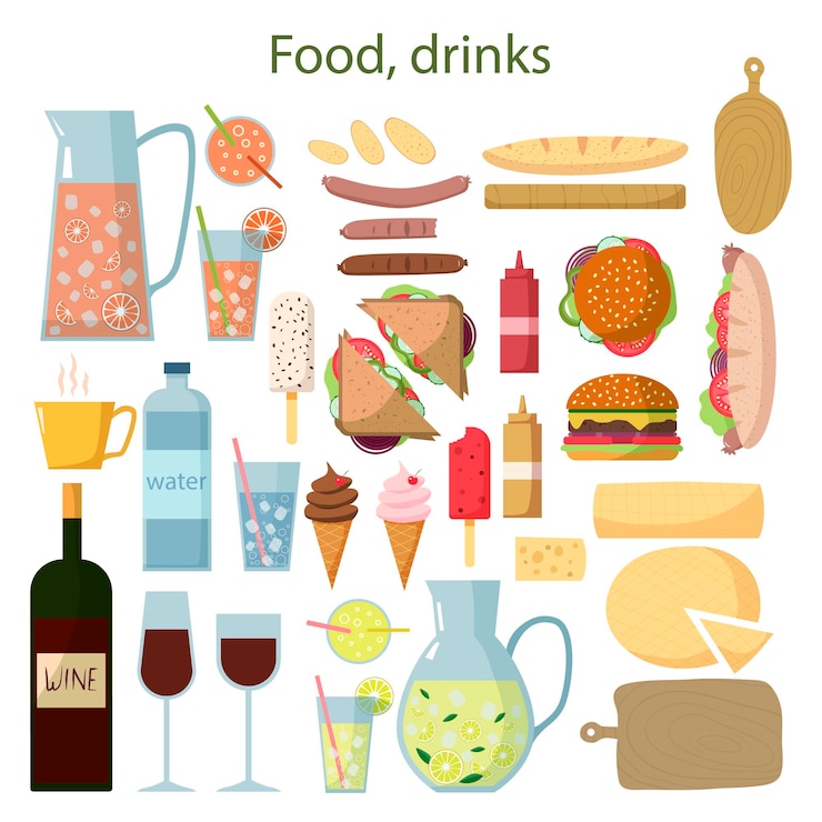 Vector conjunto de iconos para picnic limonada helado cono hamburguesa hoy perro queso sándwich copas de vino ilustración vectorial