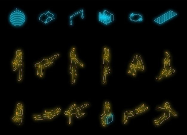 Conjunto de iconos de pilates neón vectorial