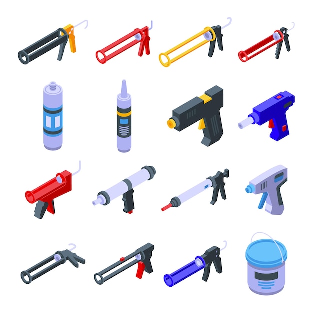 Conjunto de iconos de pistola de masilla de silicona. conjunto isométrico de iconos de vector de pistola de masilla de silicona para diseño web aislado sobre fondo blanco