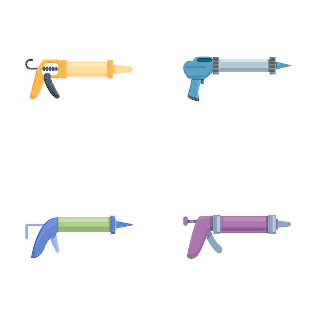 Vector conjunto de iconos de pistolas de caulking vector de dibujos animados varias pistolas de caulking de silicona de metal