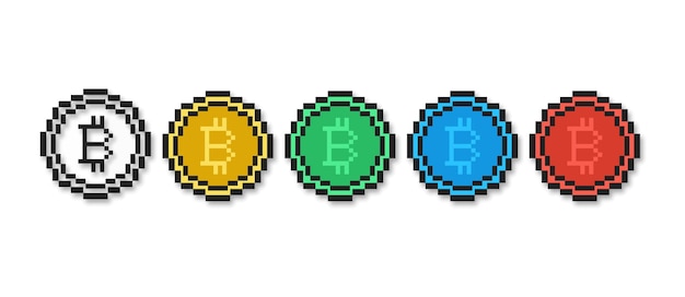 Conjunto de iconos de Pixel Bitcoin Símbolos de moneda criptográfica Bitcoin en estilo de píxel Ilustración vectorial