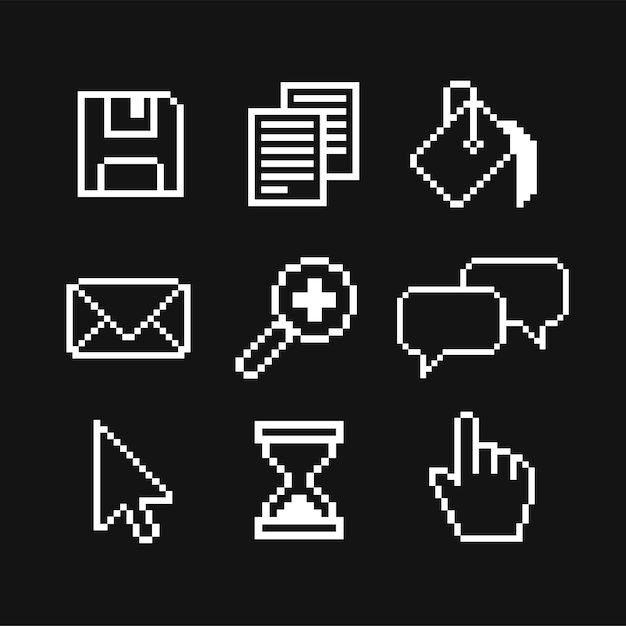 Conjunto de iconos de píxeles de 8 bits Ilustración vectorial aislada Imagen en blanco y negro Iconos de computadora de botones