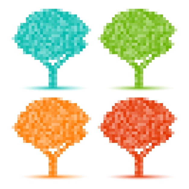 Conjunto de iconos de píxeles de árbol de temporada colorido, ilustración vectorial.