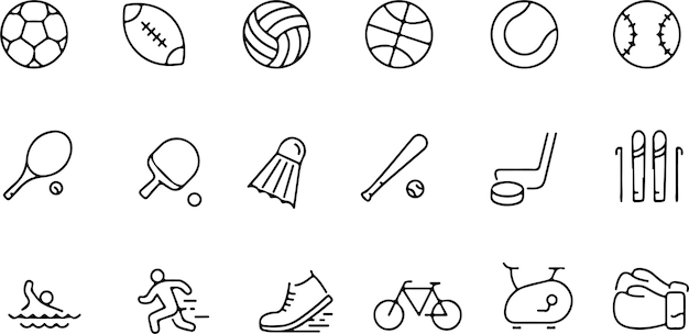 Conjunto de iconos de píxeles perfectos de deportes fútbol fútbol baloncesto voleibol golf gimnasio esquí boxeo tenis