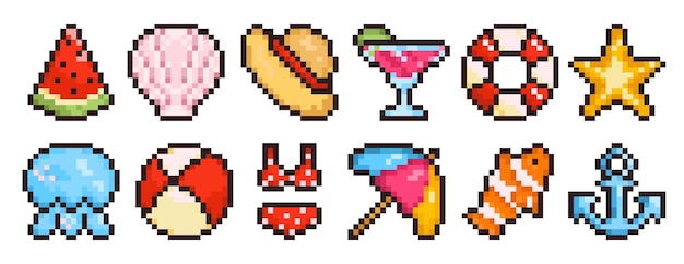 Conjunto de iconos de píxeles con temas de verano, incluido el cóctel de la concha de sandía, la boya salvavidas, las estrellas de mar, las medusas nadando.