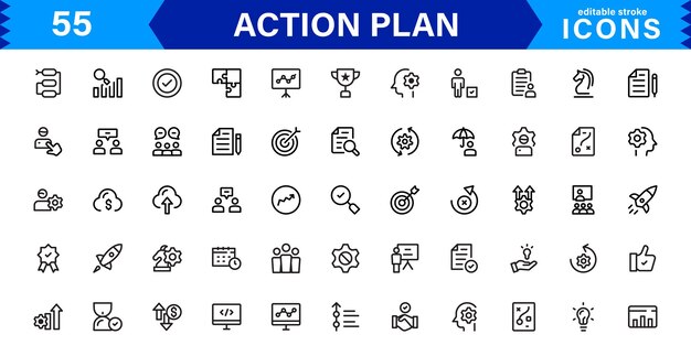 Conjunto de iconos de plan de acción Iconos de alta calidad para la planificación de la estrategia de gestión de proyectos