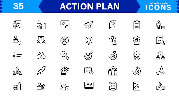 Conjunto de iconos de plan de acción Iconos de alta calidad para la planificación de la estrategia de gestión de proyectos
