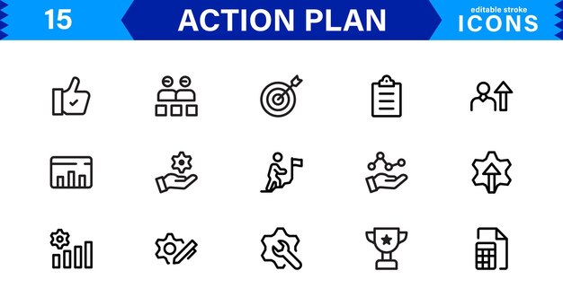 Conjunto de iconos de plan de acción Iconos de alta calidad para la planificación de la estrategia de gestión de proyectos