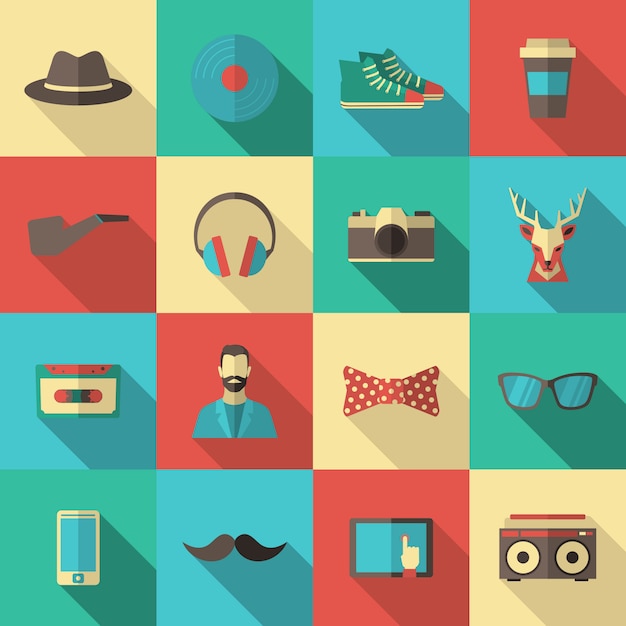 Vector conjunto de iconos plana hipster