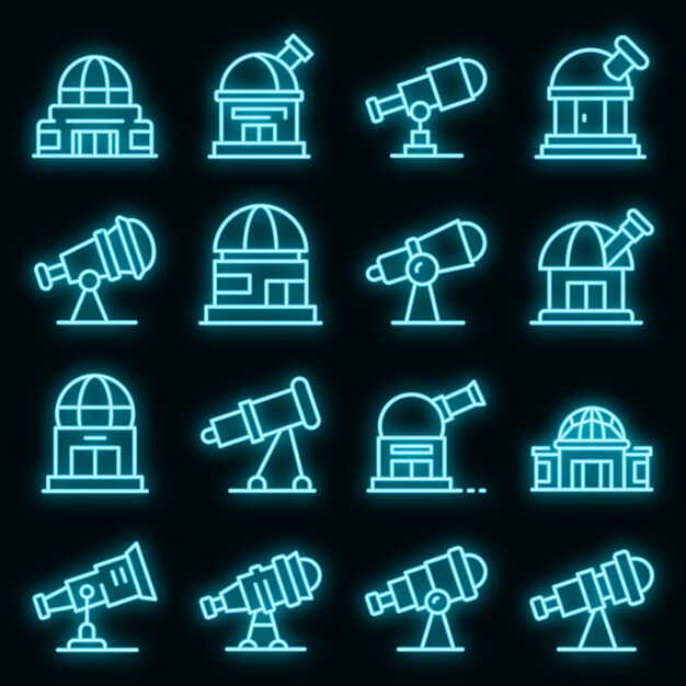 Conjunto de iconos de planetario. Esquema conjunto de iconos de vector de planetario color neón en negro