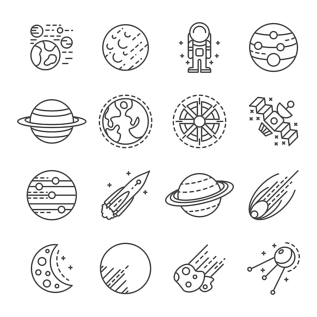 Conjunto de iconos de planetas. esquema conjunto de iconos vectoriales planetas