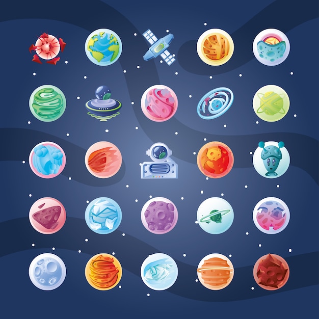 Conjunto de iconos con planetas o asteroides, diseño de ilustraciones
