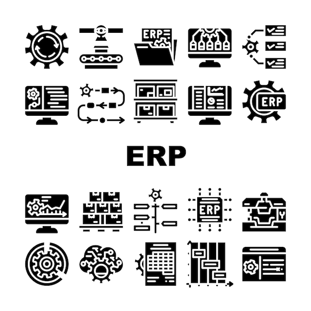 Conjunto de iconos de planificación de recursos empresariales Erp Vector Erp Proceso de trabajo y control de producción de mercancías Intervalos de tiempo y fecha límite Sistema de informes y Organización Pictogramas de glifos Ilustraciones negras