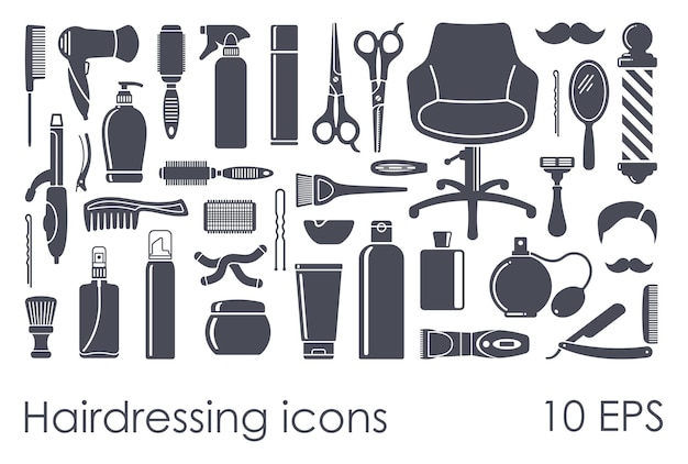 Conjunto de iconos planos Accesorios de peluquería Ilustración vectorial