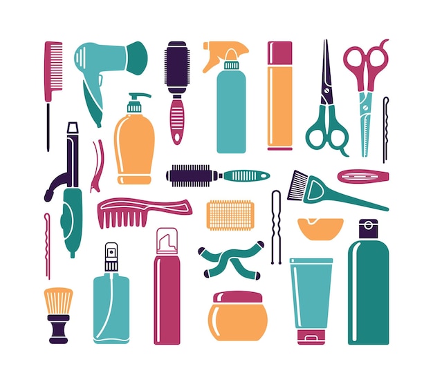 Conjunto de iconos planos Accesorios de peluquería Ilustración vectorial