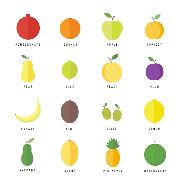 Conjunto de iconos planos aislados de frutas y bayas. Elementos vectoriales para diseño web y de aplicaciones y aplicaciones móviles