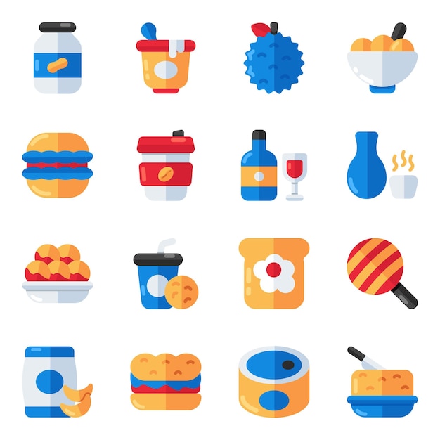 Vector conjunto de iconos planos de alimentos y bocadillos