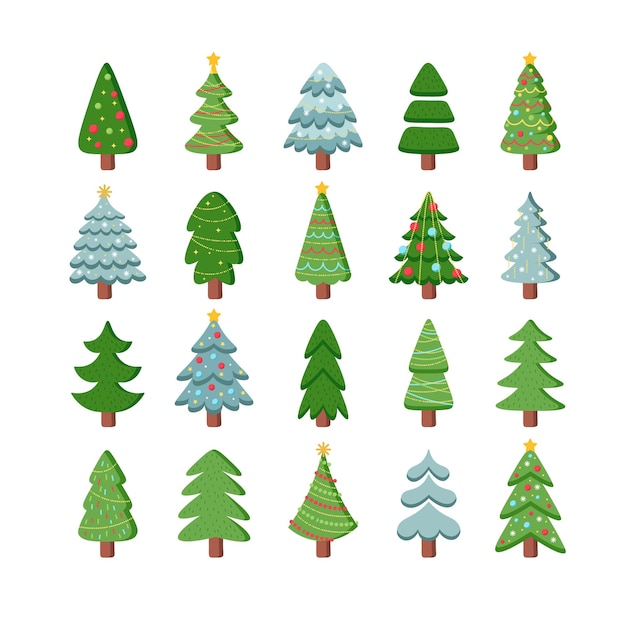 Conjunto de iconos planos de árboles de Navidad Variación diferente de árboles coníferos de hoja perenne Ceder hemlock pine sequoia cubierto por nieve Decoración de temporada de invierno Color ilustraciones aisladas