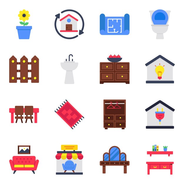Conjunto de iconos planos de artículos para el hogar