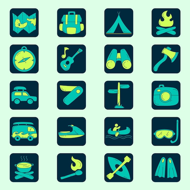 Conjunto de iconos planos de aventura al aire libre dibujados a mano Colecciones de iconos de doodle de aventura