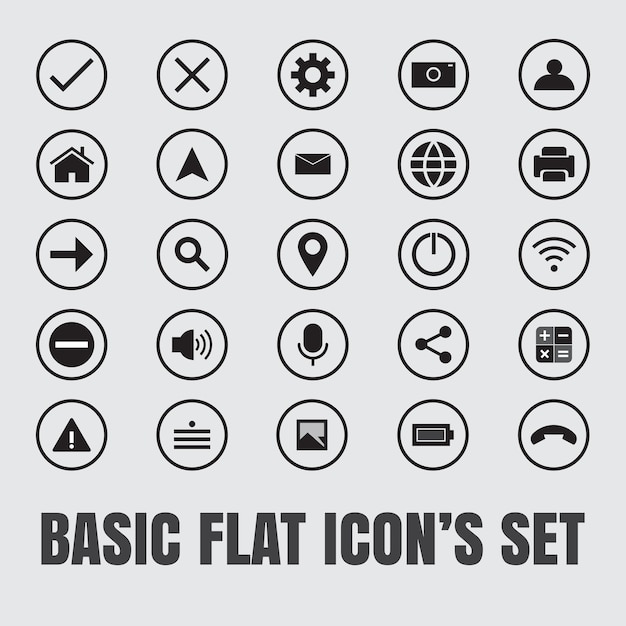 Conjunto de iconos planos básicos. Iconos vectoriales simples para todas las necesidades de diseño. Perfecto para sitios web, aplicaciones y más