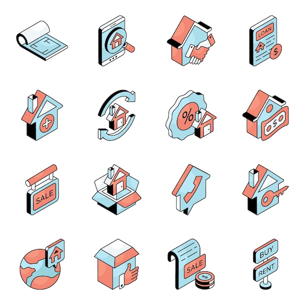 Conjunto de íconos planos de bienes raíces en línea