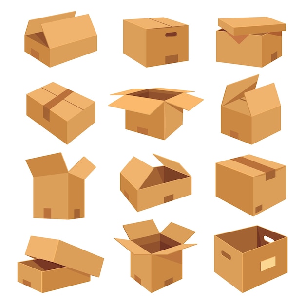 Conjunto de iconos planos de cajas realistas isométricas