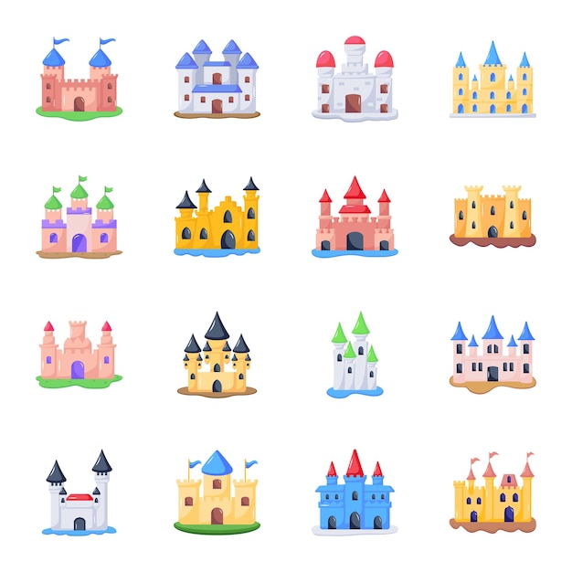 Vector conjunto de iconos planos de castillos