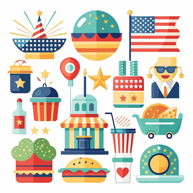 Conjunto de iconos planos para las celebraciones de las fiestas americanas