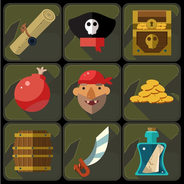 Conjunto de iconos planos de color e ilustraciones pirata
