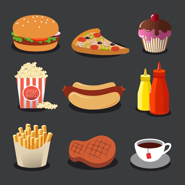 Vector conjunto de iconos planos colores hermosos con comida.