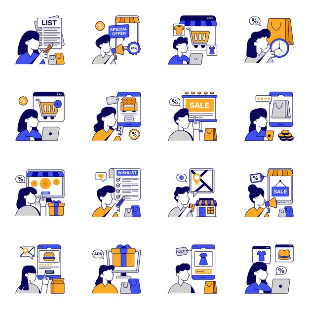 Conjunto de iconos planos de compras y comercio