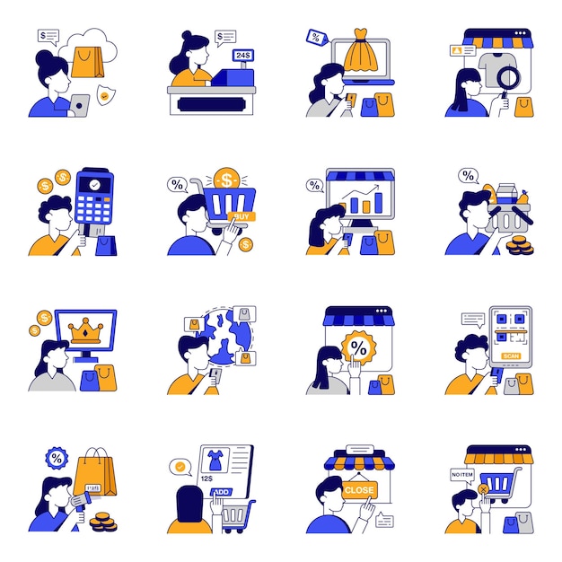 Conjunto de iconos planos de compras en línea