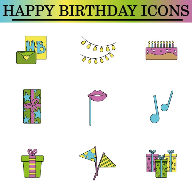 Conjunto de iconos planos de cumpleaños en el fondo blanco Icones de celebración Vector aislado