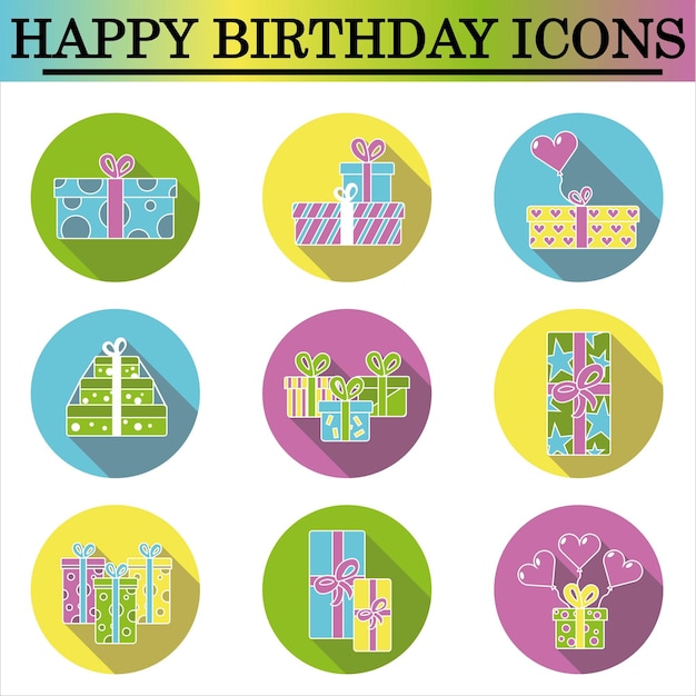 Conjunto de íconos planos de cumpleaños con sombra en el fondo blanco Íconos de celebración Íconos vectoriales aislados Iconos de regalos
