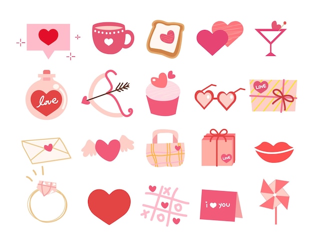 Vector conjunto de iconos planos del día de san valentín regalos pareja tazas regalos cupcakes cartas de amor