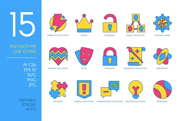 Conjunto de iconos planos con diferentes tipos psicológicos y temperamentos aislados. colección de signos de psicología y salud mental, concepto de diferencias de la mente humana