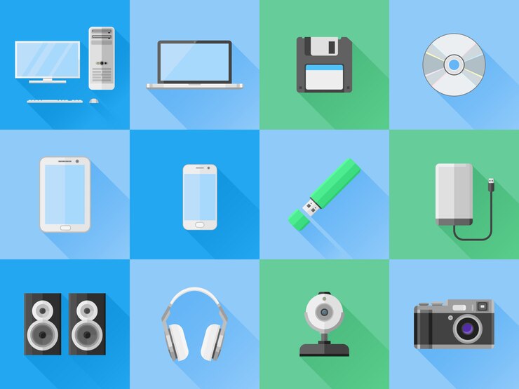 Vector conjunto de iconos planos de dispositivos electrónicos y computadoras. ilustración.