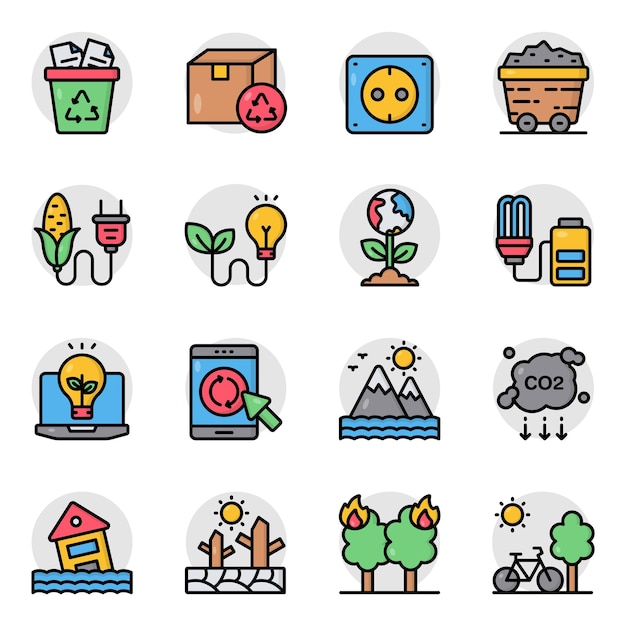 Conjunto de iconos planos de ecología y reciclaje