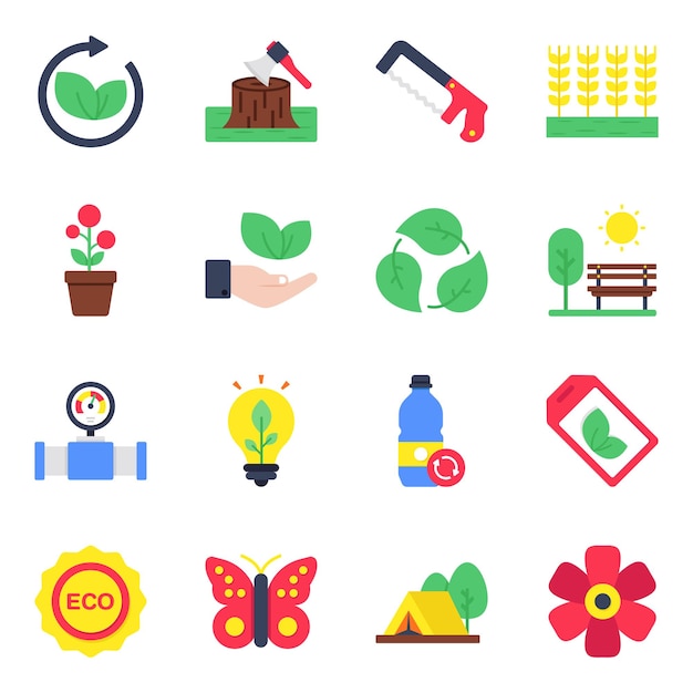 Conjunto de íconos planos de ecología